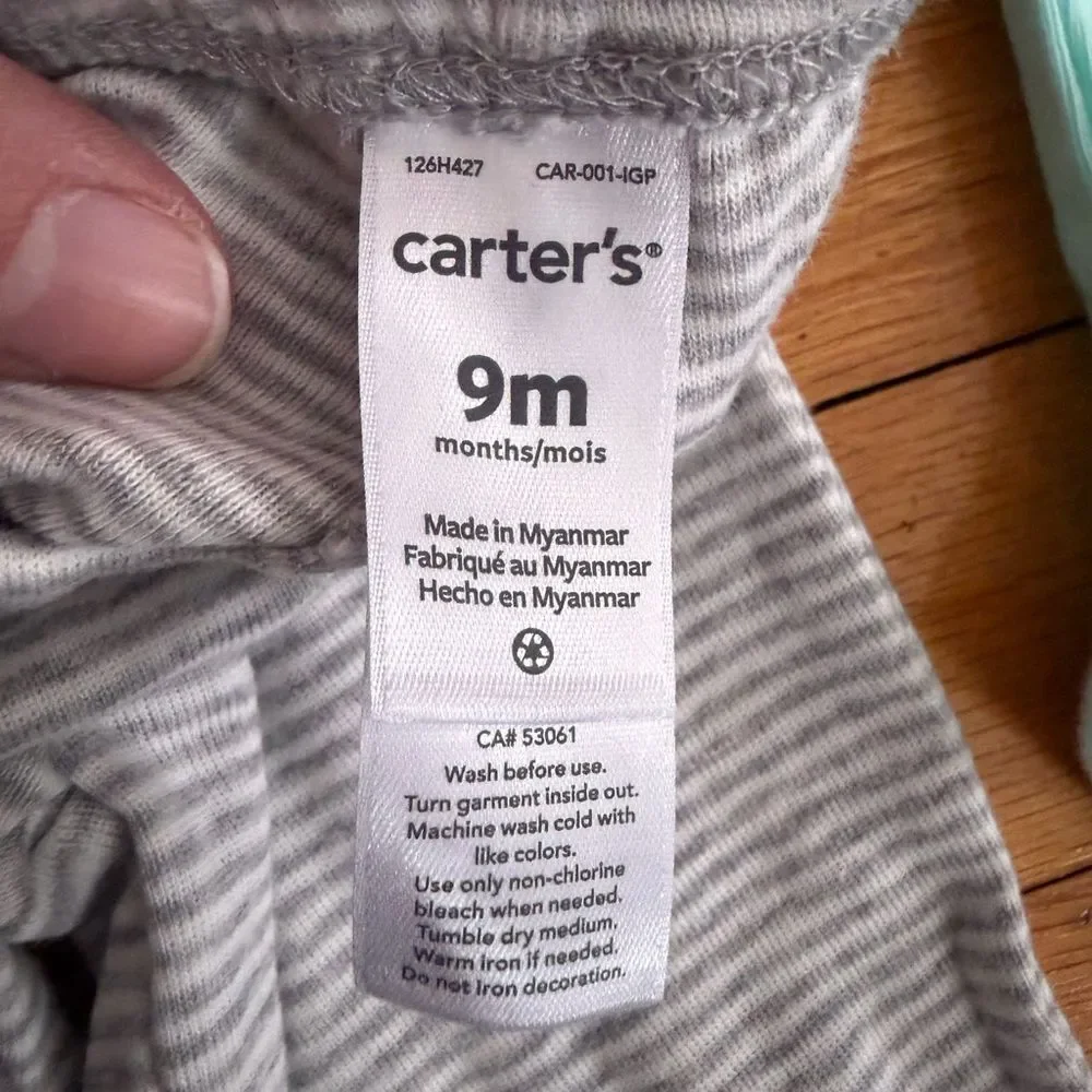 Carter's White Hooded Cardigan, Teal Bodysuit & Gray Stripe Pants Set size 9m
